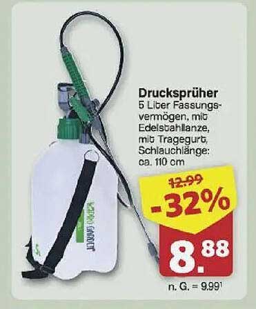 Drucksprüher 5 Liter Fassungsvermögen mit Edelstahllanze, mit Tragegurt, Schlauchlänge: ca. 110 cm