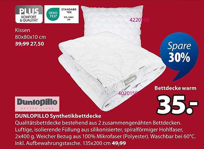 DUNLOPILLO Synthetikbettdecke 135x200 cm für nur 35,- €