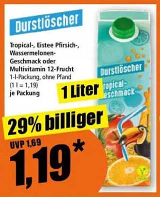 Durstlöscher Tropical-, Eistee Pfirsich-, Wassermelonen-Geschmack oder Multivitamin 12-Frucht 1-Liter-Packung