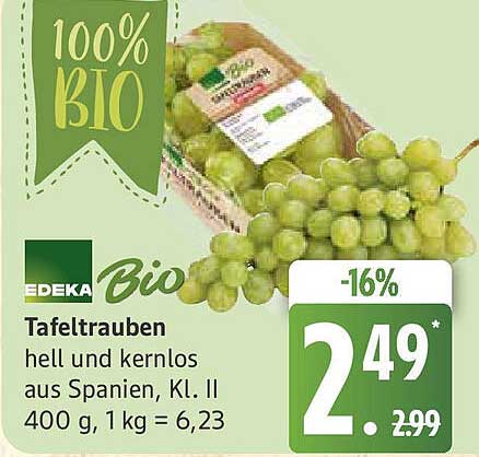 EDEKA Bio Tafeltrauben hell und kernlos aus Spanien, Kl. II