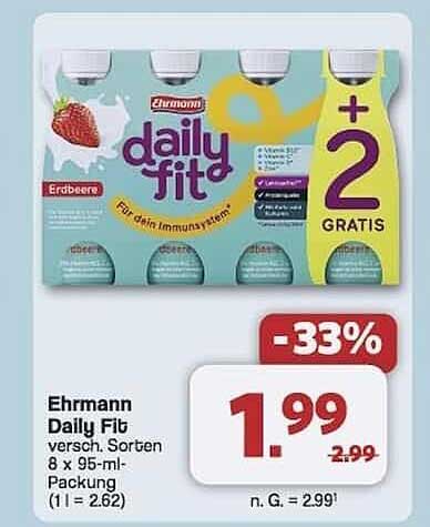 Ehrmann Daily Fit – 8 x 95 ml-Packung Erdbeere + 2 GRATIS