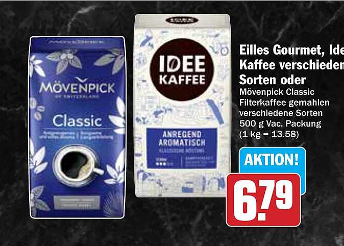 Eilles Gourmet, Idee Kaffee verschiedene Sorten oder Mövenpick Classic Filterkaffee gemahlen 500 g Vac. Packung