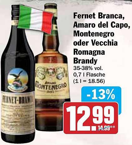 Fernet Branca, Amaro del Capo, Montenegro oder Vecchia Romagna Brandy