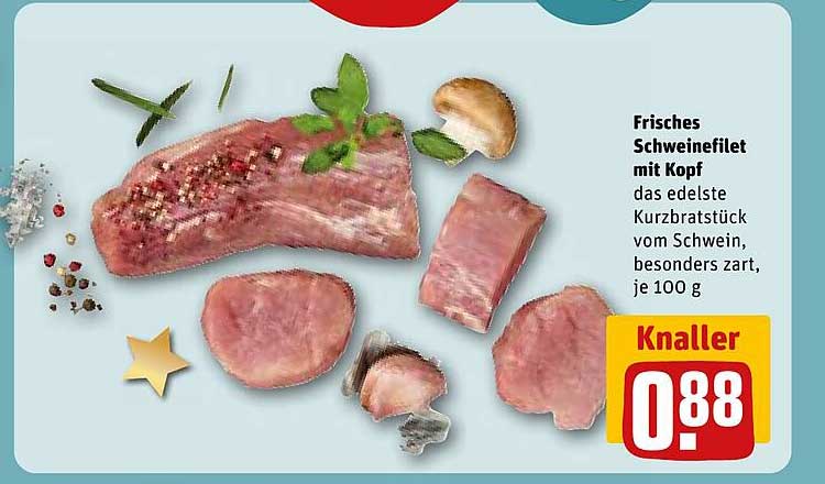 Frisches Schweinefilet mit Kopf, das edelste Kurzbratstück vom Schwein, besonders zart, je 100 g