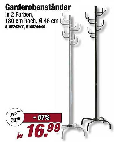 Garderobenständer in 2 Farben, 180 cm hoch, Ø 48 cm