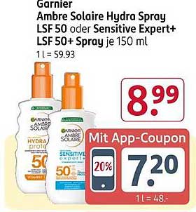 Garnier Ambre Solaire Hydra Spray LSF 50 oder Sensitive Expert+ LSF 50+ Spray je 150 ml