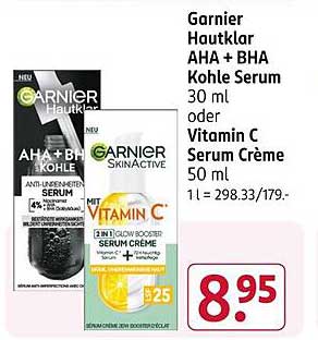 Garnier Hautklar AHA + BHA Kohle Serum 30 ml oder Vitamin C Serum Crème 50 ml