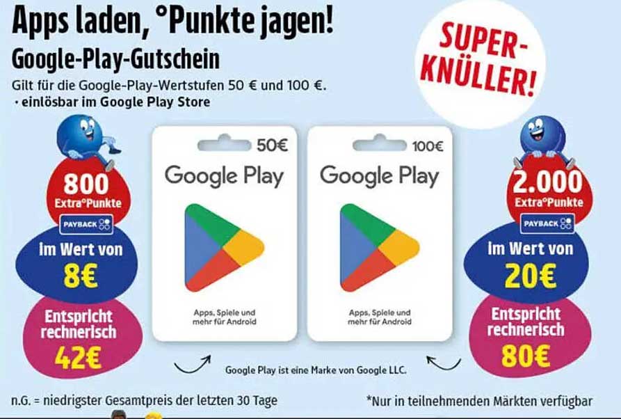 Google-Play-Gutschein 50 € und 100 € mit Extra-Punkten