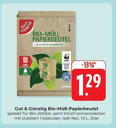 Gut & Günstig Bio-Müll-Papiertüten, 10 L, 20 Stück