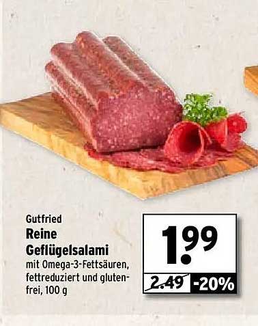 Gutfried Reine Geflügelsalami mit Omega-3-Fettsäuren, fettreduziert und glutenfrei, 100 g