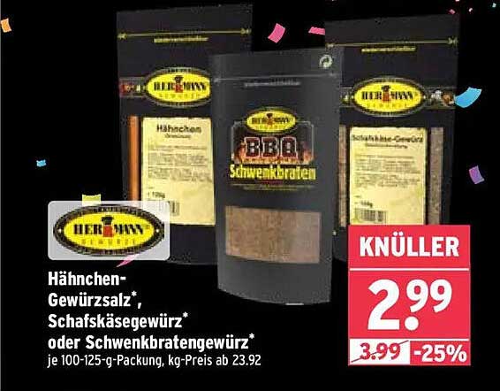 Hähnchen-Gewürzsalz*, Schafskäsegewürz* oder Schwenkbratengewürz* je 100-125-g-Packung.