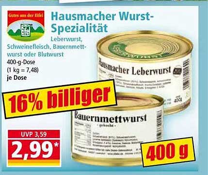 Hausmacher Wurst-Spezialität - Leberwurst, Bauernmettwurst oder Blutwurst - 400-g-Dose
