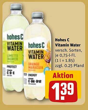 Hohes C Vitamin Water, verschiedene Sorten, je 0,75 l-Fl.