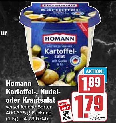 Homann Kartoffel-, Nudel- oder Krautsalat verschiedene Sorten 400-375 g Packung