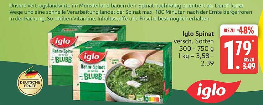Iglo Rahm-Spinat - Verschiedene Sorten 500-750 g für nur 1,79 €