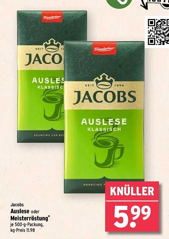 Jacobs Auslese oder Meisterröstung je 500-g-Packung, kg-Preis 11,98