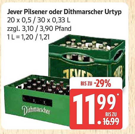 Jever Pilsener oder Dithmarscher Urtyp – 20 x 0,5 L / 30 x 0,33 L