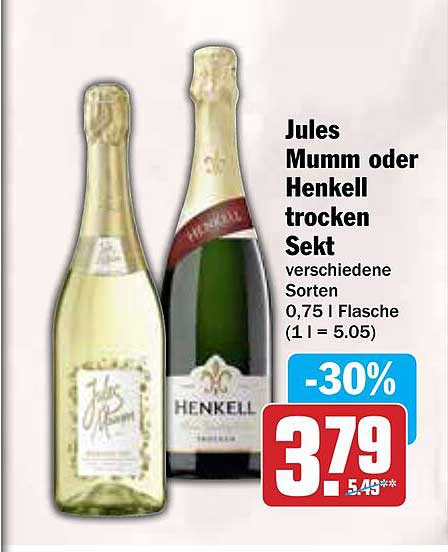Jules Mumm oder Henkel trocken Sekt, verschiedene Sorten 0,75 l Flasche