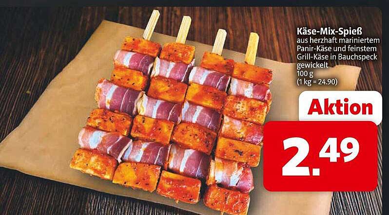 Käse-Mix-Spieß aus herzhaft mariniertem Panir-Käse und bestem Grill-Käse in Bauchspeck gewickelt