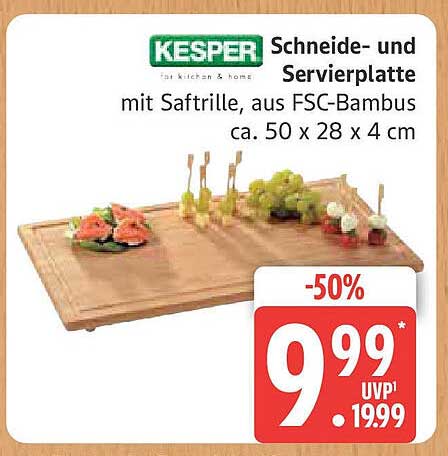 Kesper Schneide- und Servierplatte mit Saftrille aus FSC-Bambus, 50 x 28 x 4 cm