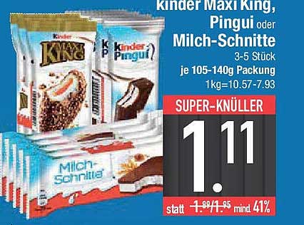 kinder Maxi King, Pingui oder Milch-Schnitte - 3-5 Stück, je 105-140g Packung