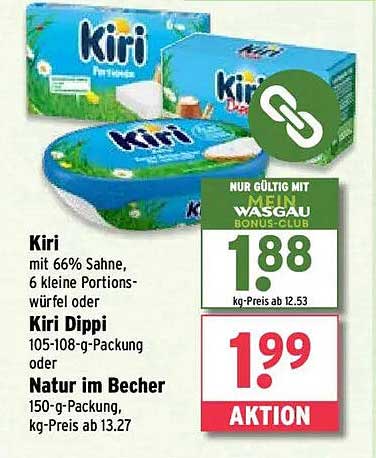 Kiri mit 66% Sahne, 6 kleine Portionswürfel oder Kiri Dippi 105-108-g-Packung oder Natur im Becher 150-g-Packung