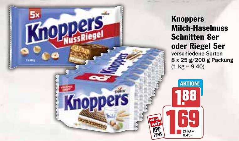 Knoppers Milch-Haselnuss Schnitten 8er oder Riegel 5er
