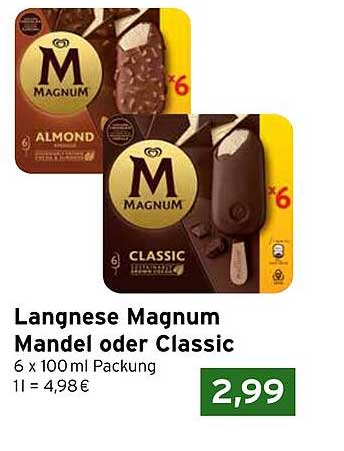 Langnese Magnum Mandel oder Classic 6 x 100 ml Packung