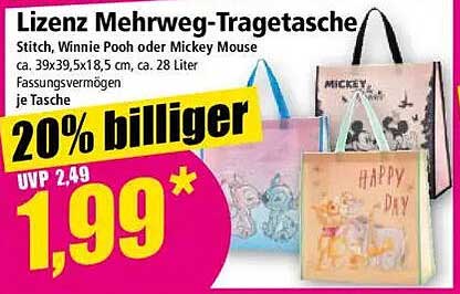 Lizenz Mehrweg-Tragetasche: Stitch, Winnie Pooh oder Mickey Mouse