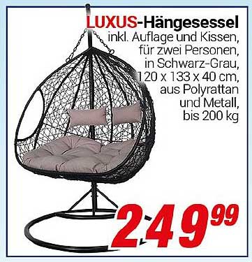 LUXUS-Hängesessel inkl. Auflage und Kissen, für zwei Personen, in Schwarz-Grau