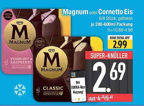 Magnum oder Cornetto Eis 6/8 Stück, gefroren je 280-600ml Packung