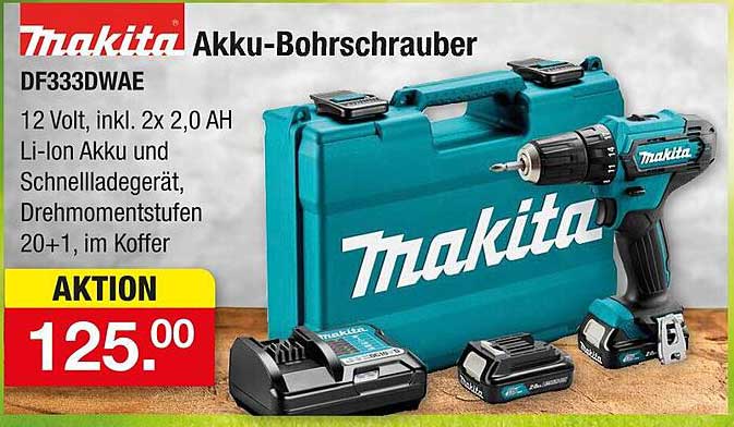 Makita Akku-Bohrschrauber DF333DWE mit 2x 2,0 AH Li-Ion Akku