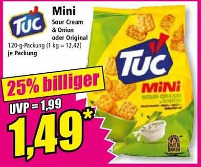 Mini Tuc Snack Sour Cream & Onion oder Original - 120-g-Packung