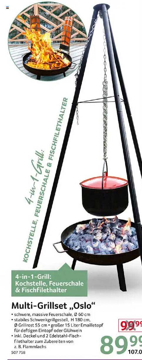 Multi-Grillset „Oslo“ - 4-in-1-Grill: Kochstelle, Feuerschelle & Fischfilethalter
