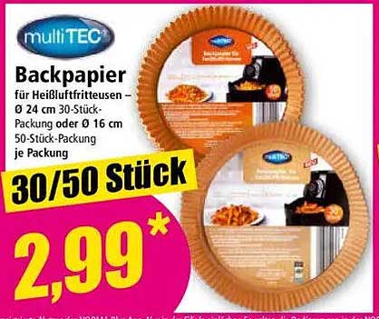 multiTEC Backpapier für Heißluftfritteusen – 30 Stück Ø 24 cm oder 50 Stück Ø 16 cm