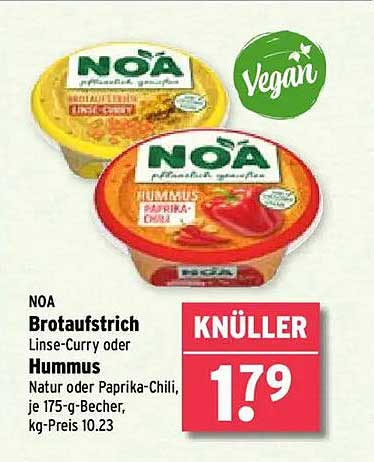 NOA Brotaufstrich Linse-Curry oder Hummus, je 175-g-Becher