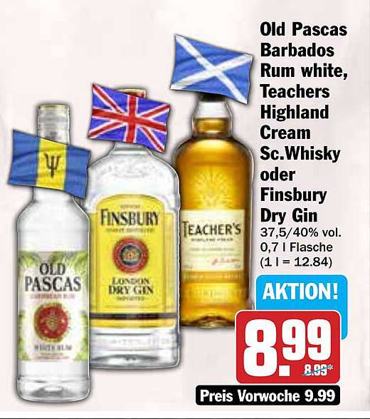 Old Pascas Barbados Rum white, Teachers Highland Cream Sc. Whisky oder Finsbury Dry Gin