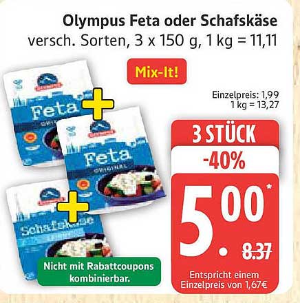 Olympus Feta oder Schafskäse - 3 Stück für nur 5,00 €