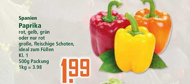 Paprika aus Spanien – rot, gelb, grün oder rot, große, fleischige Schoten, ideal zum Füllen