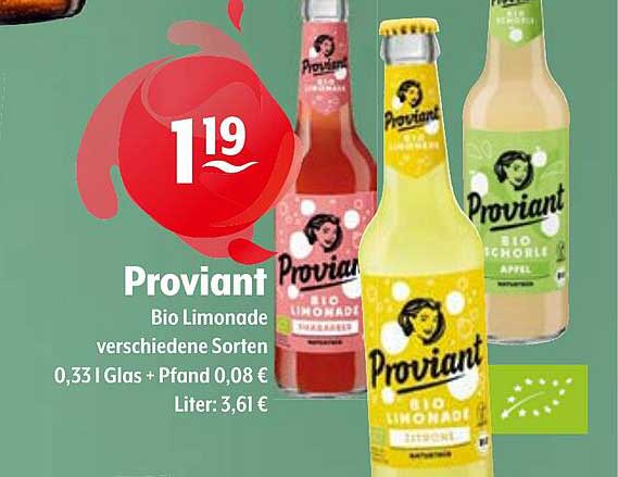 Proviant Bio Limonade verschiedene Sorten 0,33 l Glas + Pfand 0,08 €