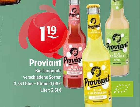 Proviant Bio Limonade verschiedene Sorten 0,33 l Glas + Pfand 0,08 €