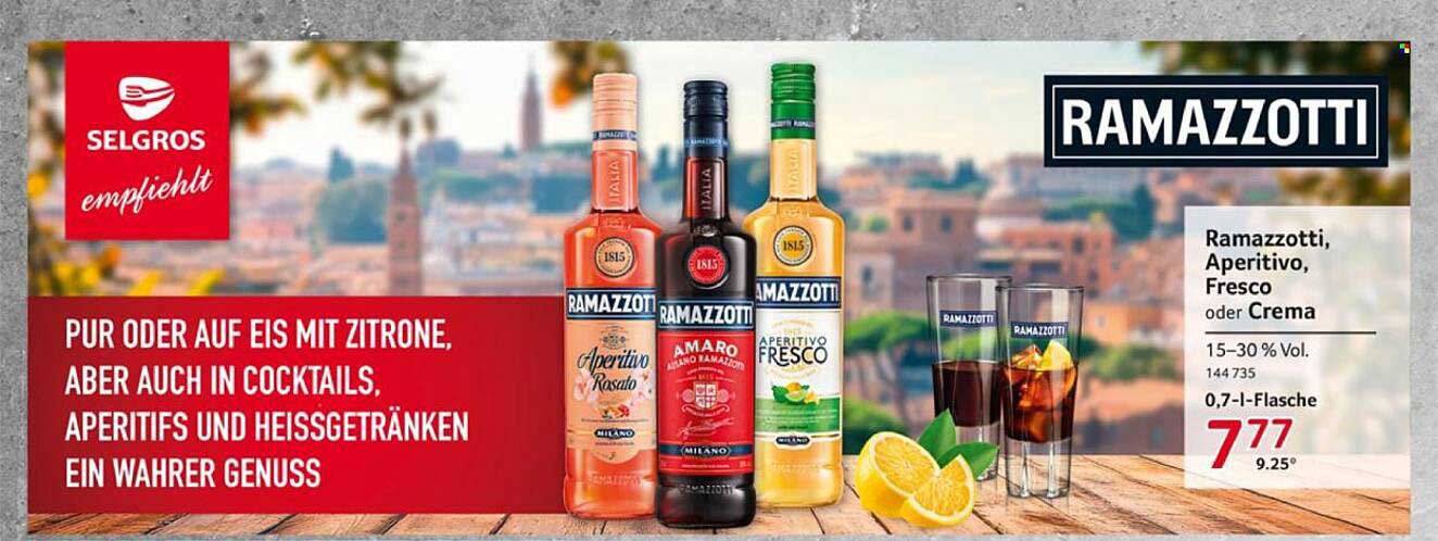 Ramazzotti, Aperitivo, Fresco oder Crema 0,7 l