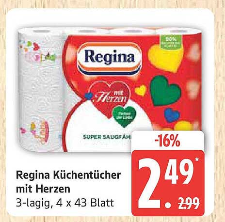Regina Küchentücher mit Herzen, 3-lagig, 4 x 43 Blatt