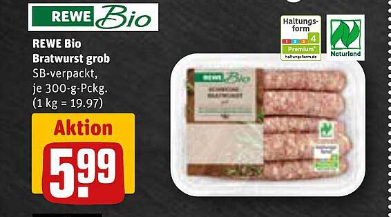 REWE Bio Bratwurst grob, SB-verpackt, je 300-g-Pack