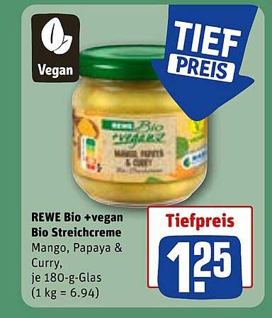 REWE Bio + vegan Bio Streichcreme Mango, Papaya & Curry, je 180-g-Glas