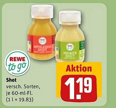 REWE to go Shot, verschiedene Sorten, je 60-ml-Fl.