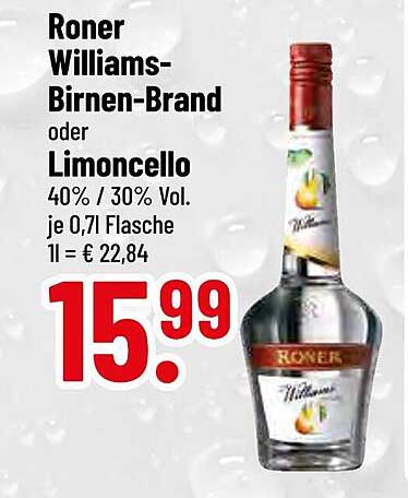 Roner Williams-Birnen-Brand oder Limoncello 0,71L zum Sparpreis