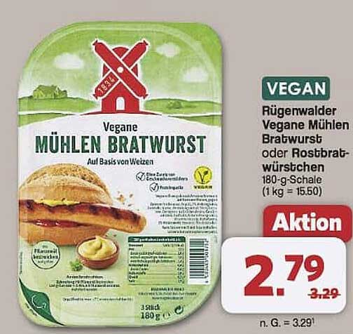 Rügenwalder Vegane Mühlen Bratwurst oder Rostbratwürstchen 180-g-Schale