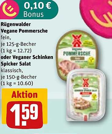 Rügenwalder Vegane Pommersche fein, je 125-g-Becher oder Veganer Schinken Spicker Salat klassisch, je 150-g-Becher