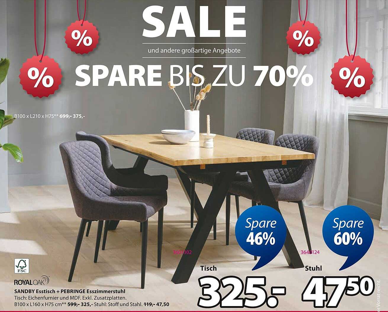 SALE: Sandy Esszimmer Tisch und PEBRINGE Esszimmerstuhl - bis zu 70% sparen!